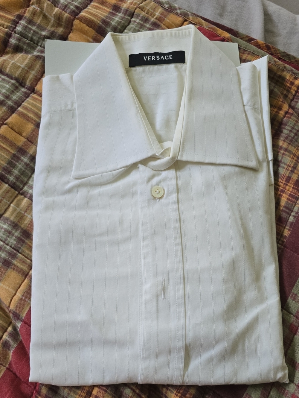 Vintage Versace White Dress Shirt with Subtle Pinstripes US 40